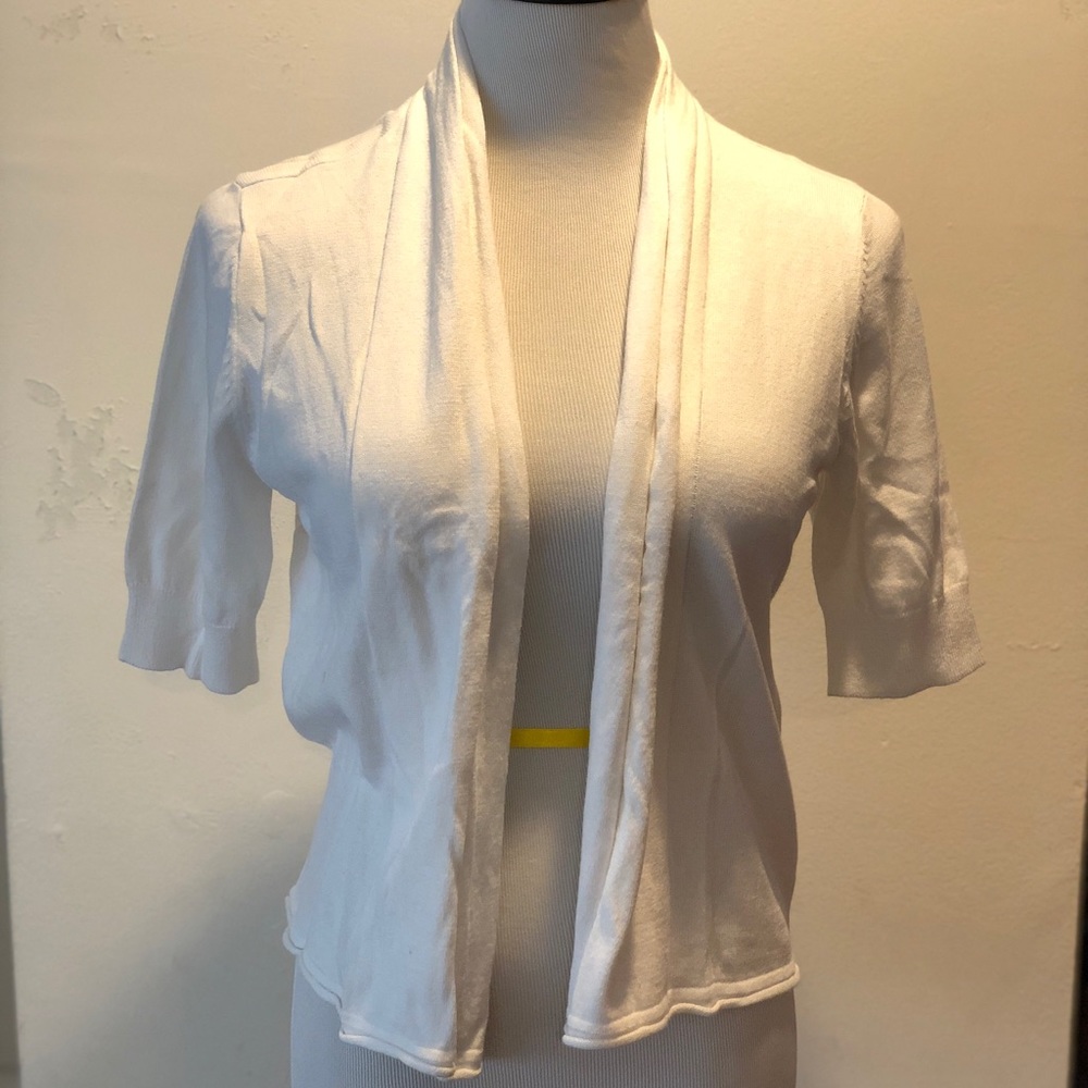 Laura Scott Open Half Sleeve Cardigan White Cotton Blend Small NWT